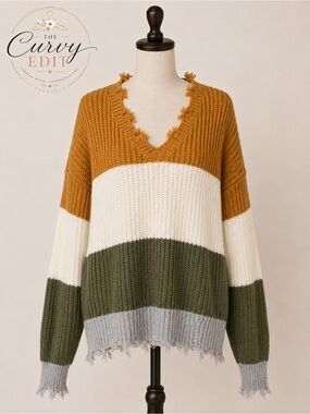 Moral Fiber Distressed Color Block Chunky Knit Sweater | 2X | Rust Olive Ivory